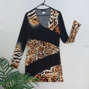 NWOT Artex Animal Print V-Neck Long Sleeve Dress - Black & Brown & Cream